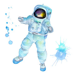 Watercolor astronaut in costume and helmet. Watercolor splash splatters © Kamila