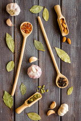Set of Indian spices and herbs in wooden spoons, top view