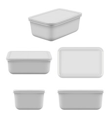 Plastic food container. Mock up empty boxes for caring products kitchen storage for shelves lunch utensil vector realistic set. Container plastic mockup for food illustration