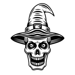 Skull of witch in hat vector black graphic object