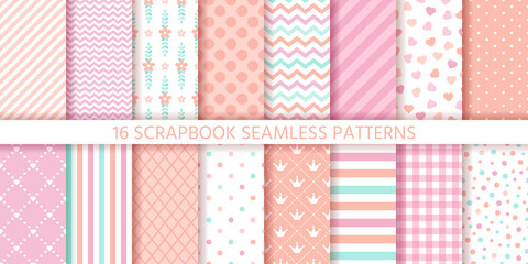 Scrapbook seamless pattern. Baby girl background. Vector. Set baby shower textures with stripe, zigzag, polka dot, heart, plaid. Cute print. Pastel pink illustration. Packing paper. Geometric backdrop