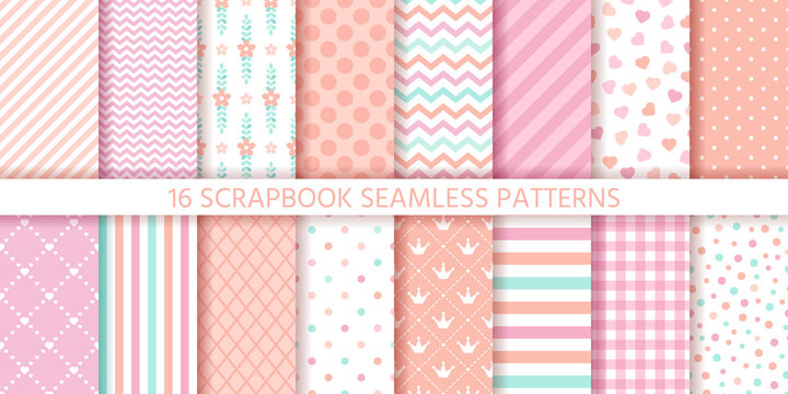 Scrapbook seamless pattern. Baby girl background. Vector. Set baby shower textures with stripe, zigzag, polka dot, heart, plaid. Cute print. Pastel pink illustration. Packing paper. Geometric backdrop