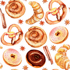 Watercolor baked roll, croissant, pretzel and donuts with topping seamless pattern
