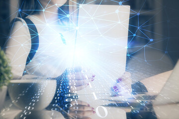 Multi exposure of woman's writing hand on background with data technology hud. Big data concept.