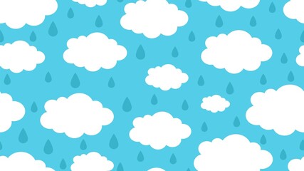 Rainy clouds pattern. Season weather, rain drops and white cloud vector seamless texture. Cloud weather season, rain nature wallpaper illustration