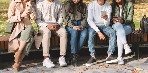 Group of international teenagers using smartphones at park