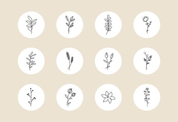 Fototapeta premium Feminine flower story highlight covers. Abstract line leaf branch icons for social media hand drawn boho style. Minimal vector illustration