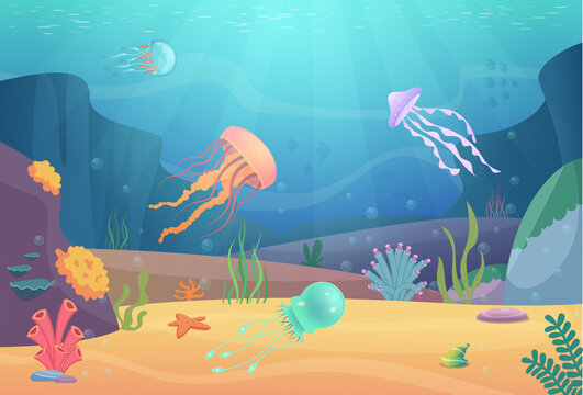 Underwater life. Ocean landscape with fishes and beautiful jellyfish aquarium natural animals vector cartoon background. Life sea underwater with jellyfish and animal illustration
