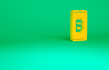 Orange Mining bitcoin from mobile icon isolated on green background. Cryptocurrency mining, blockchain technology service. Minimalism concept. 3d illustration 3D render.