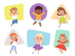 Happy kids jumping. Action childrens in different poses sitting playing joyful running cute male and female characters vector boys and girls. Action fun kid girl and boy jump illustration