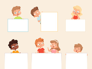 Fototapeta premium Kids holding banner. Empty posters or frames for text blank banner with happy smiling children vector portraits of kids boys and girls. School young children holding banner illustration