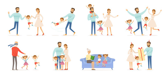 Fototapeta premium Family characters. Happy kids with parents in action poses father childrens mother and grandparents couples of family groups vector people. Illustration happy family character action