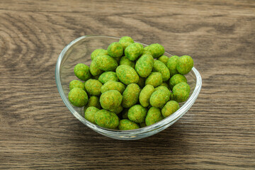 Spicy wasabi peanuts in the bowl