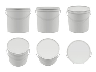 Plastic containers. Empty white buckets mockup vector packages collection. Container with putty, white bucket of set illustration