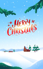 Fototapeta na wymiar Winter snowy landscape with mountains, fir trees, little houses, trail in snowbanks, blue sky, firry branches, bushes and falling snowflakes. Vector flat illustration. Merry Christmas card, banner.