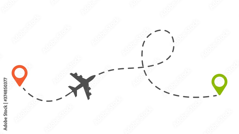 Sticker airplane route. isolated plane or aircraft dotted trail vector illustration. trip path dashed, marke