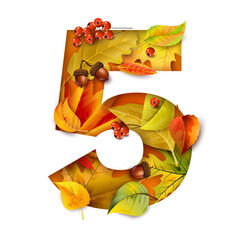 Autumn stylized alphabet with foliage. Digit5.