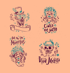 Set of Mexico decor compositions with Cinco de mayo, Dia de los muertos lettering, skull, flower isolated. For card, poster, sticker, emblem. Vector vintage hand drawn illustration