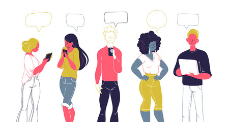 Fototapeta premium Young people standing together looking at smartphones, notepad and tablet reading news, chatting, discussing, surfing through internet, learning. Vector trendy flat hand drawn illustration.