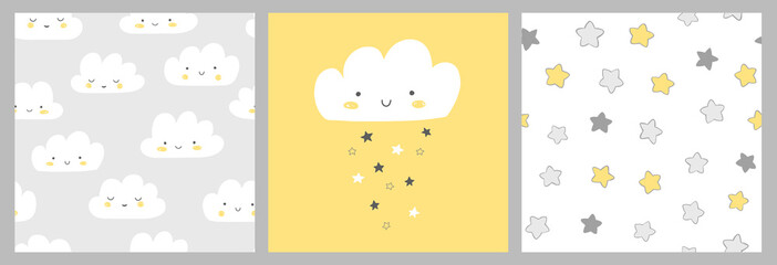 Set of 3 baby cards in gray and yellow. Cute smiling cloud, stars and cloud pattern. Scandinavian nursery art for boys. Gender neutral card design for baby shower.