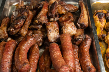 Sausages pork and beef hot dog typical Bavarian dish Oktoberfest. 