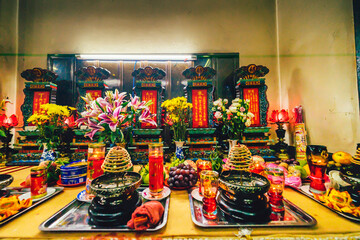 Interior of Thousand Buddha Temple or Chua Van Phat pagoda in District 5, Ho Chi Minh City, Vietnam near mid-Autumn festival on Aug 31 2020