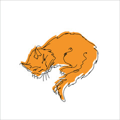 Fluffy cat curled up in a ball while sleeping on an orange background, made in a lineart style