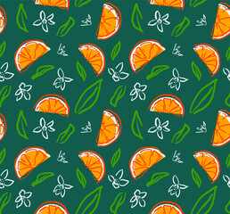 Seamless orange pattern. Orange fruits, leaves and flowers