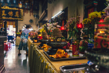Naklejka premium Interior of Thousand Buddha Temple or Chua Van Phat pagoda in District 5, Ho Chi Minh City, Vietnam near mid-Autumn festival on Aug 31 2020