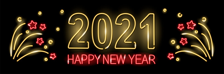 Neon 2021 Happy New Year Banner with fireworks isolated on black background. Winter holidays celebration concept. Night glowing neon signboard style. Vector 10 EPS illustration.
