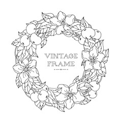 Apple tree bloom and fruit wreath. Vector. Coloring book page for adults. Bohemian concept for wedding invitation, card, branding. Black and white                                              