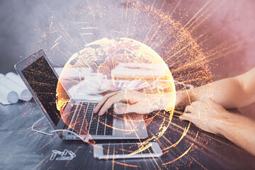 Social network theme hologram with businessman working on computer on background. Concept of world...