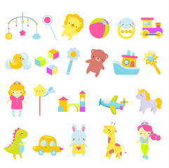 Fototapeta premium Big set of kids toys. Children game tools icons. Doll, car, teddy bear and other playing objects for toddlers. Vector collection
