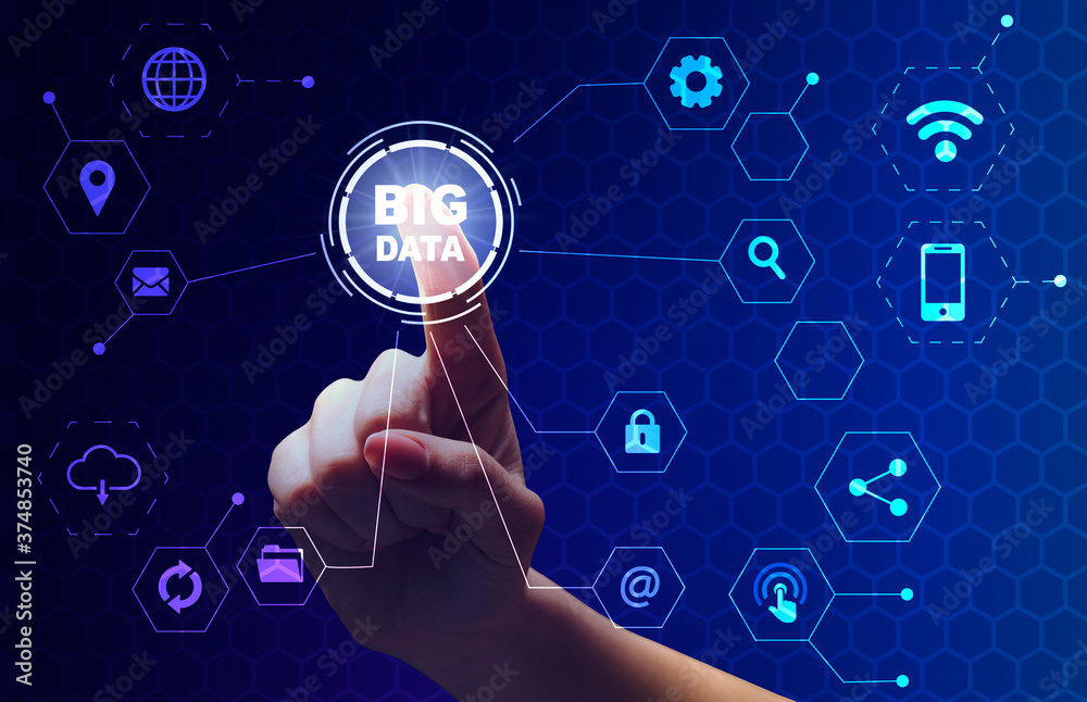 Aufkleber female hand choosing big data button on digital screen with different icons