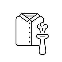 Man's shirt and portable steamer with hot air. Linear icon of mini travel iron for clothes. Black simple illustration of compact ironing device. Contour isolated vector sign on white background