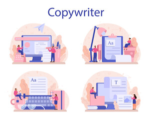 Copywriter concept set. Idea of writing texts, creativity and promotion