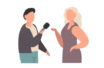 Journalist interviews woman. Reporter holding microphone and give questions. Anchorman on street, live reporting. Reporter broadcast breaking news. Vector illustration