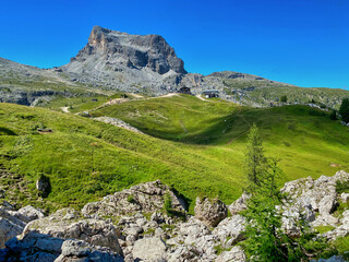 Five Towers, Italian Alps. Cinque Torri landscape in summer season, Dolomite Mountains