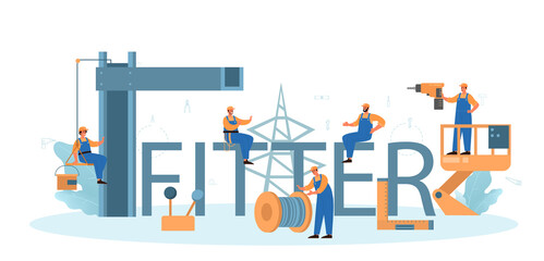 Fitter typographic header. Worker in uniform installing constructions