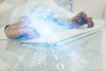 Multi exposure of tech drawings with man working on computer background. Concept of innovation.