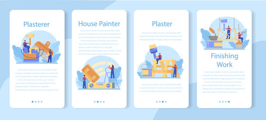 Obraz na płótnie Canvas House wall plasterer mobile application banner set. People