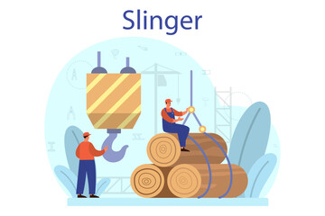 Slinger. Professional workers of constructing industry slinging