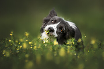 funny border collie dog eating grass in summer, close up portrait outdoors