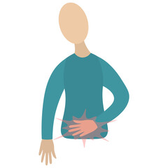 Abdominal pain. A symptom of various pathologies. Vector icon. Man holds his stomach. Isolated white background. Flat style. Sharp pain. Torsion in the intestines. Sign of diarrhea. Stomachache.