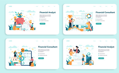 Fototapeta na wymiar Financial analyst or consultant web banner or landing page set. Business