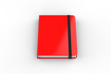 Red notebook with elastic band, round corner notepad mockup template on isolated white background, 3d illustration
