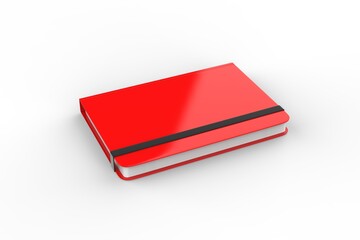 Red notebook with elastic band, round corner notepad mockup template on isolated white background, 3d illustration