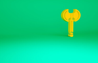 Orange Medieval axe icon isolated on green background. Battle axe, executioner axe. Medieval weapon. Minimalism concept. 3d illustration 3D render.