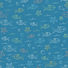 Sea seamless pattern with fishes and starfishes on blue background