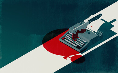 Horror movie concept: vintage typewriter and cleaver with blood - obrazy, fototapety, plakaty
